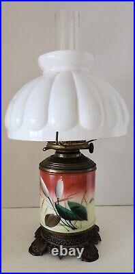 Antique Floral Hand Painted Dual Wick Plume & Atwod Mfg Co. Oil Lamp Milk Glass