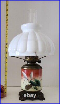 Antique Floral Hand Painted Dual Wick Plume & Atwod Mfg Co. Oil Lamp Milk Glass