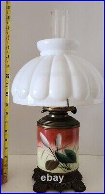 Antique Floral Hand Painted Dual Wick Plume & Atwod Mfg Co. Oil Lamp Milk Glass