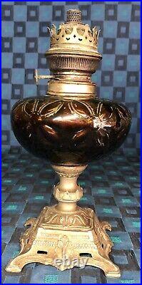 Antique Foot Lamp Oil Parts Glass Brown Foot Alloy Tin Decorated