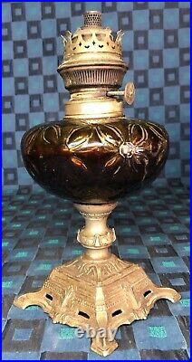 Antique Foot Lamp Oil Parts Glass Brown Foot Alloy Tin Decorated
