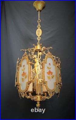 Antique French Art Nouveau Brass Angel Venus Chandelier