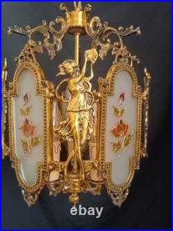 Antique French Art Nouveau Brass Angel Venus Chandelier