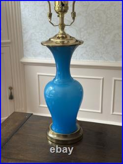 Antique French Blue Opaline Lamp / 20h / Brass Base And Fittings