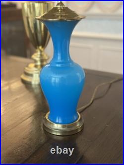 Antique French Blue Opaline Lamp / 20h / Brass Base And Fittings