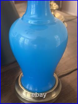 Antique French Blue Opaline Lamp / 20h / Brass Base And Fittings