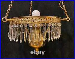 Antique Hanging Electrified Oil Lamp Frame Chain Retractor Crown PARTS Crystals