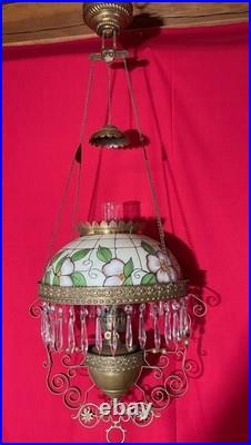 Antique Hanging Oil Lamp Hand Painted Shade Mostly Matching Parts Dual Burner