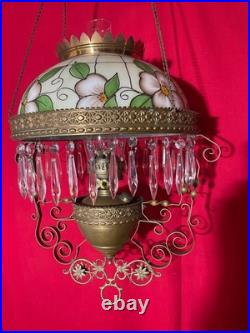 Antique Hanging Oil Lamp Hand Painted Shade Mostly Matching Parts Dual Burner