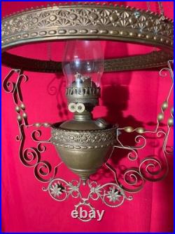 Antique Hanging Oil Lamp Hand Painted Shade Mostly Matching Parts Dual Burner