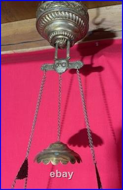 Antique Hanging Oil Lamp Hand Painted Shade Mostly Matching Parts Dual Burner
