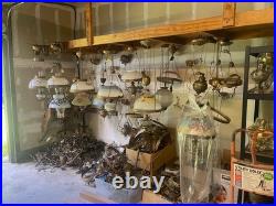 Antique Hanging Oil Lamp Hand Painted Shade Mostly Matching Parts Dual Burner