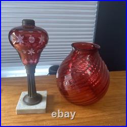 Antique Kerosene Cranberry Lamp Parts Etched Base & Swirl Glass Shade