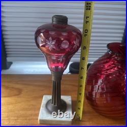 Antique Kerosene Cranberry Lamp Parts Etched Base & Swirl Glass Shade