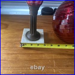 Antique Kerosene Cranberry Lamp Parts Etched Base & Swirl Glass Shade