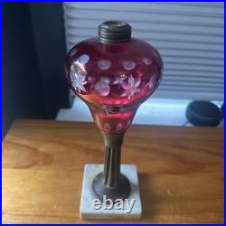 Antique Kerosene Cranberry Lamp Parts Etched Base & Swirl Glass Shade