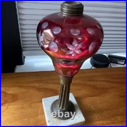 Antique Kerosene Cranberry Lamp Parts Etched Base & Swirl Glass Shade