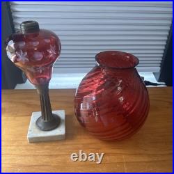 Antique Kerosene Cranberry Lamp Parts Etched Base & Swirl Glass Shade