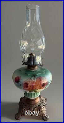 Antique Lamp Kerosene Oil Hand Painted Floral Vintage Waterberry 18
