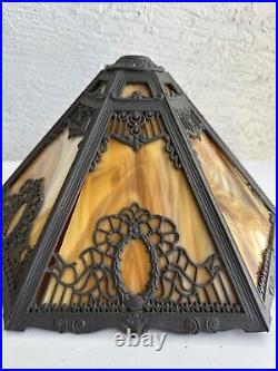 Antique Mission Art Nouveau 6 Panel Slag Glass Table Lamp Shade 5K Parts Restore