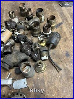 Antique Old Electric Light Fixture Lamp Bulb Socket Switch Brass Parts Lot USA