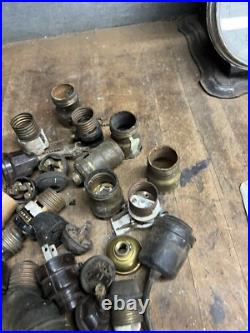 Antique Old Electric Light Fixture Lamp Bulb Socket Switch Brass Parts Lot USA