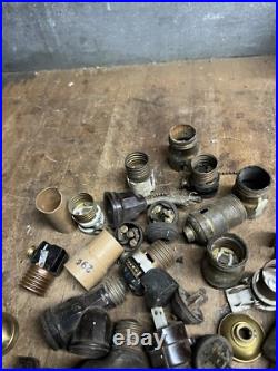Antique Old Electric Light Fixture Lamp Bulb Socket Switch Brass Parts Lot USA