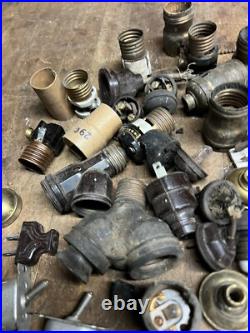 Antique Old Electric Light Fixture Lamp Bulb Socket Switch Brass Parts Lot USA