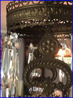 Antique Or Vintage Hanging Oil Lamp Frame Prisms & Oil Lamp Electric Brass Color