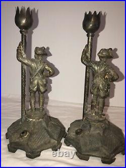 Antique Pair Spelter Lamp Bases Soldier Figural Torchiere Boudoir Parts Restore