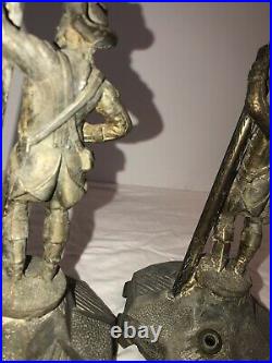 Antique Pair Spelter Lamp Bases Soldier Figural Torchiere Boudoir Parts Restore