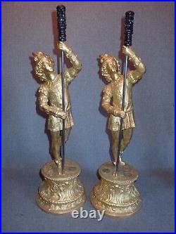 Antique Pair Victorian Gold Gilt Spelter Figural Statues Lamp Parts Base