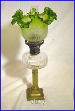 Antique Peg Oil Lamp Brass Candle Stick Green Ice Crackle Shade P&A Victor Burne