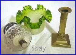 Antique Peg Oil Lamp Brass Candle Stick Green Ice Crackle Shade P&A Victor Burne