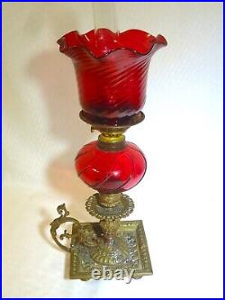 Antique Peg Oil Lamp Ornate Brass Candle Holder Base Red Swirl Shade P&A Burner