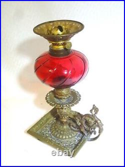 Antique Peg Oil Lamp Ornate Brass Candle Holder Base Red Swirl Shade P&A Burner