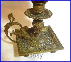 Antique Peg Oil Lamp Ornate Brass Candle Holder Base Red Swirl Shade P&A Burner