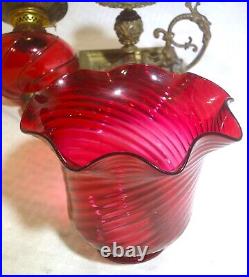 Antique Peg Oil Lamp Ornate Brass Candle Holder Base Red Swirl Shade P&A Burner