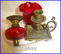 Antique Peg Oil Lamp Ornate Brass Candle Holder Base Red Swirl Shade P&A Burner