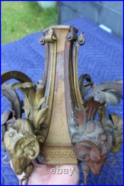Antique Solid Bronze Ornate Lamp Part Rams Head 6 Lights Chandelier Parts Heavy