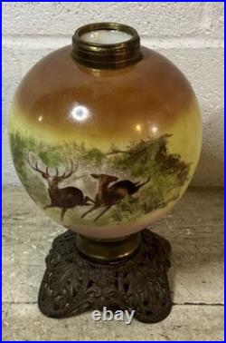 Antique VTG GWTW Lamp Globe Glass Deer Buck Ducks Scene Parlor Lamp Base Parts