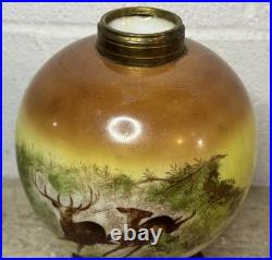 Antique VTG GWTW Lamp Globe Glass Deer Buck Ducks Scene Parlor Lamp Base Parts