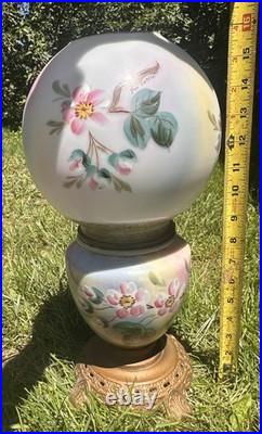 Antique Victorian Hand Painted Bird Florals Gone With The Wind Lamp Signed PARTS