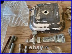 Antique Vintage Brass Gas Light Lamp Crystal Glass Chandelier Parts Marble Lot