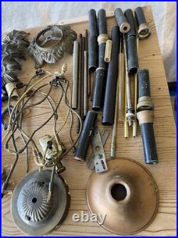 Antique Vintage Brass Gas Light Lamp Crystal Glass Chandelier Parts Marble Lot