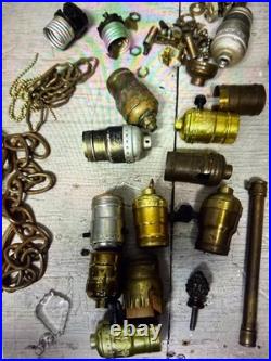 Antique Vintage Brass Lamp Parts Lot Sockets Base Chain Finial Repair Salvage
