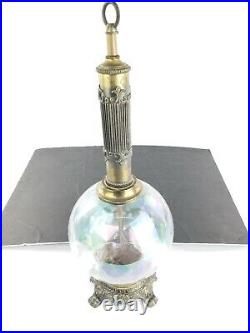 Antique Vintage Ornate Brass Lamp Base With Iridescent Glass Globe, For Parts