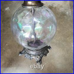Antique Vintage Ornate Brass Lamp Base With Iridescent Glass Globe, For Parts
