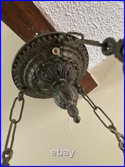 Antique Vtg Hanging Oil Lamp Ornate Metal Frame For Parts Restoration