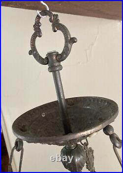 Antique Vtg Hanging Oil Lamp Ornate Metal Frame For Parts Restoration